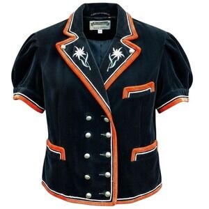 Lutteurs Womens Vintage Corduroy Jacket Black Orange Edelweiss Puff Sleeve